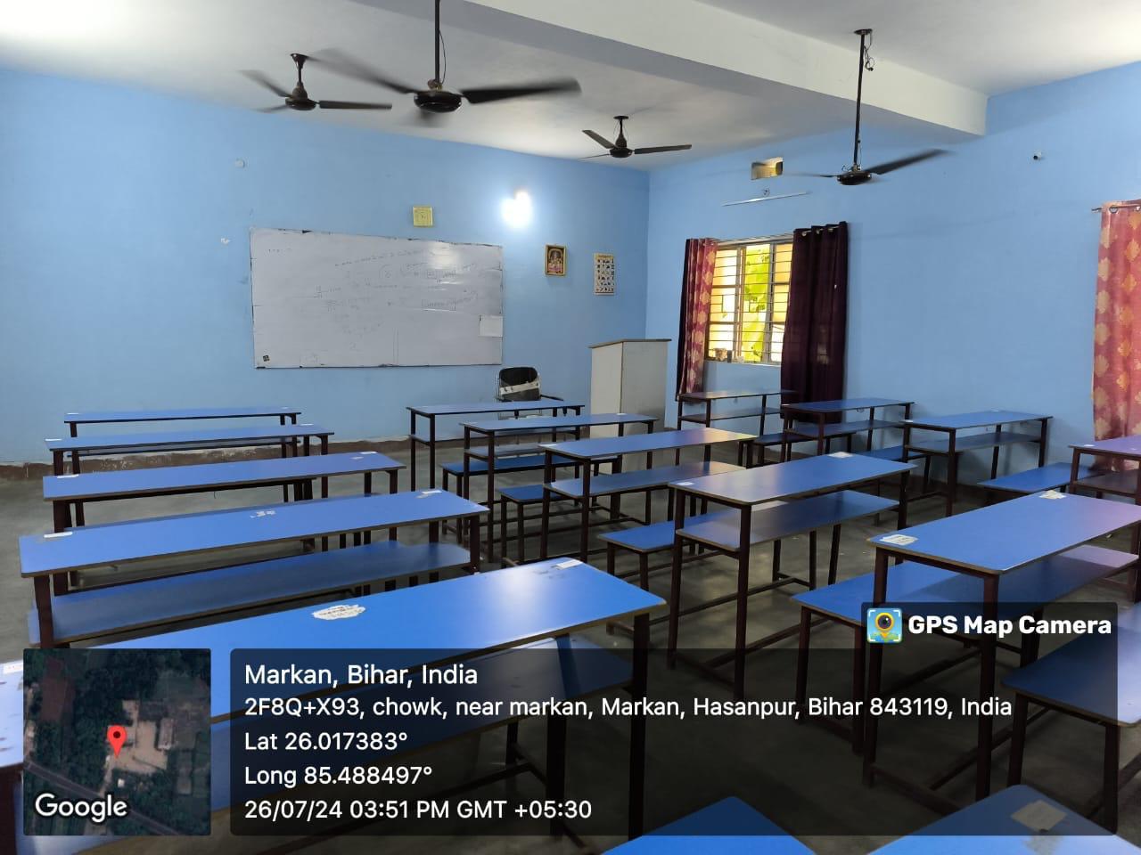 Arts classroom with desks and blackboard